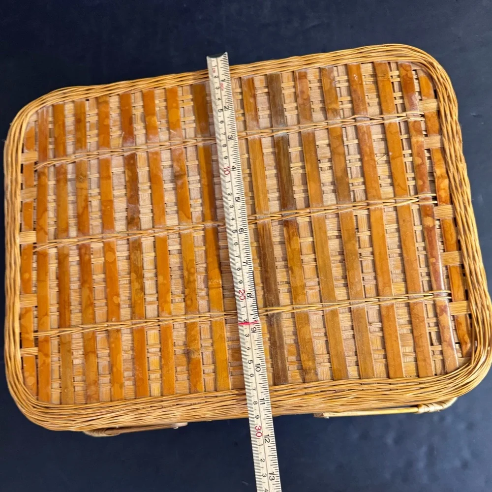 Large Vintage Handmade tan rattan picnic basket with handles.
